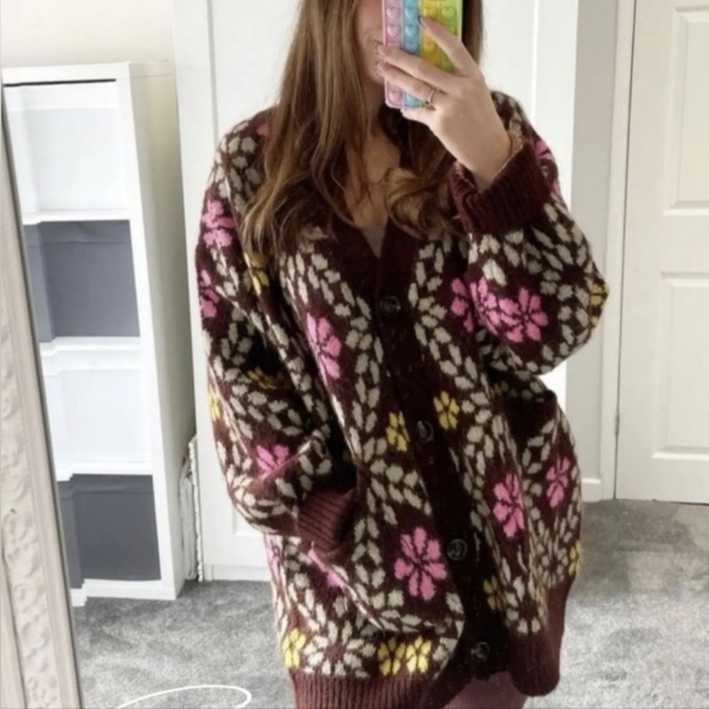 New Zara Jacquard Brown Floral Pink Knit Cardigan Small 9598/230 Bloggers Fav